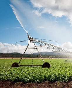 Irrigation system watering crops, highlighting water releasing contaminant in nature.