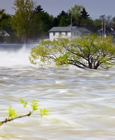 Rapid floodwaters engulf a residential area, emphasizing the impact of extreme weather.