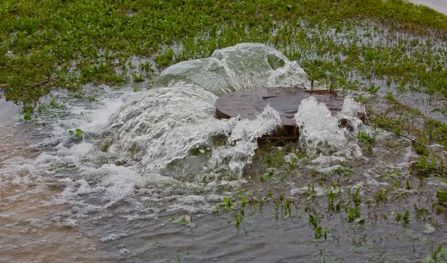 Water overflowing from a sewer during a flood.