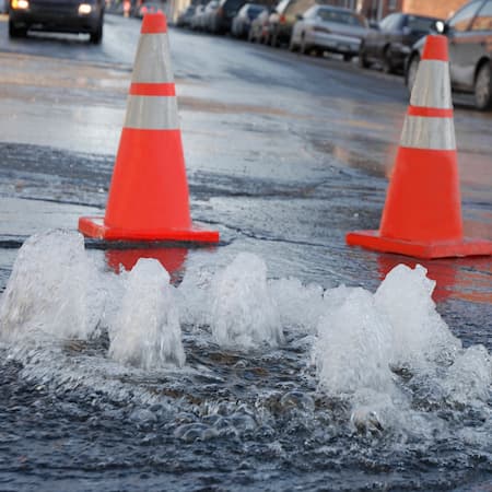 Water gushing from a broken pipe on a city street, surrounded by traffic cones, illustrating infrastructure failure, water waste, and the need for maintenance.