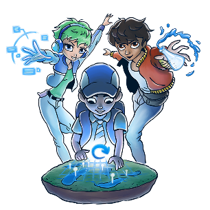 Three anime characters use futuristic powers around a circular grass base. A central boy interacts with a blue holographic map. A girl with green hair controls digital data, and a boy in a red jacket manipulates a swirling stream of water. Three anime characters use futuristic powers around a circular grass base. A central boy interacts with a blue holographic map. A girl with green hair controls digital data, and a boy in a red jacket manipulates a swirling stream of water.