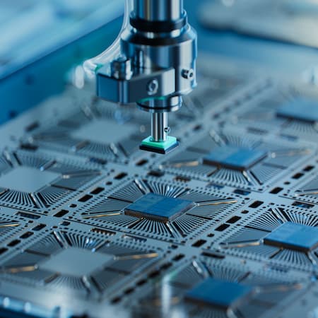 A robotic arm assembling semiconductor chips on a circuit board in a high-tech manufacturing facility, symbolizing precision engineering and modern technology. A robotic arm assembling semiconductor chips on a circuit board in a high-tech manufacturing facility, symbolizing precision engineering and modern technology.